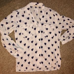White & Navy Hearts - Button Down Blouse